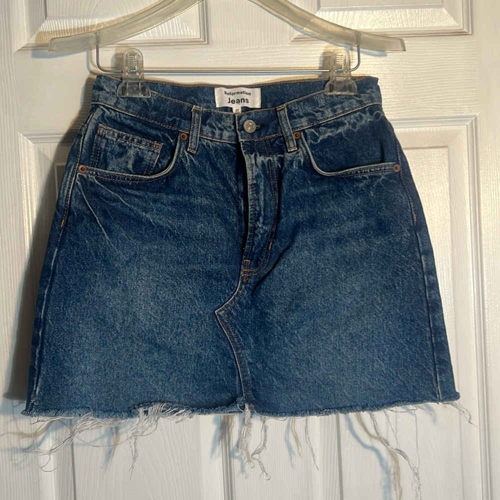 Reformation Denim Mini Skirt, Size 27, Distressed Hem